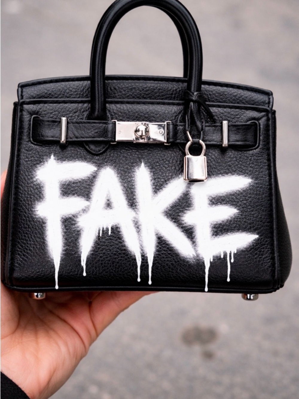 Black Leather Graffiti Handbag with White 'FAKE' Accent